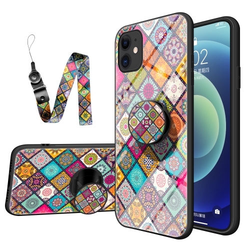 Painted Ethnic Pattern Tempered Glass TPU Shockproof Case with Folding Magnetic Holder & Neck Strap For iPhone 11(Checkered)