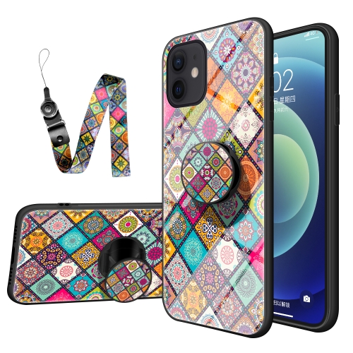 Painted Ethnic Pattern Tempered Glass TPU Shockproof Case with Folding Magnetic Holder & Neck Strap For iPhone 12 mini(Checkered)