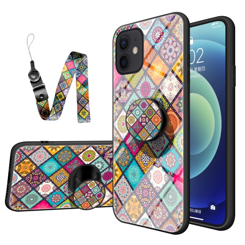 Painted Ethnic Pattern Tempered Glass TPU Shockproof Case with Folding Magnetic Holder & Neck Strap For iPhone 12 / 12 Pro(Checkered)