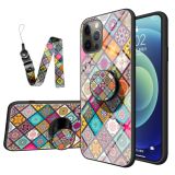 Painted Ethnic Pattern Tempered Glass TPU Shockproof Case with Folding Magnetic Holder & Neck Strap For iPhone 12 Pro Max(Checkered)