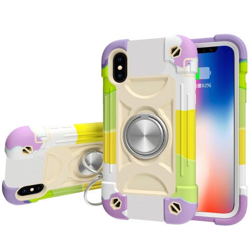 Shockproof Silicone + PC Protective Case with Dual-Ring Holder For iPhone X / XS(Colorful Beige)
