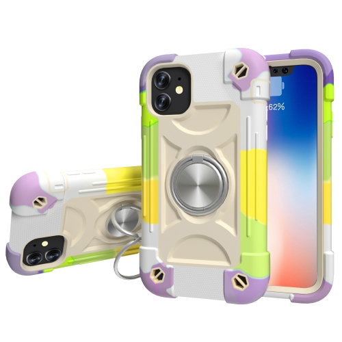 Shockproof Silicone + PC Protective Case with Dual-Ring Holder For iPhone 11(Colorful Beige)