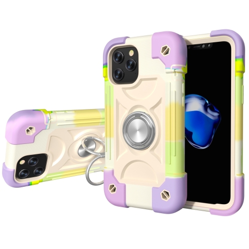 Shockproof Silicone + PC Protective Case with Dual-Ring Holder For iPhone 12 / 12 Pro(Colorful Beige)