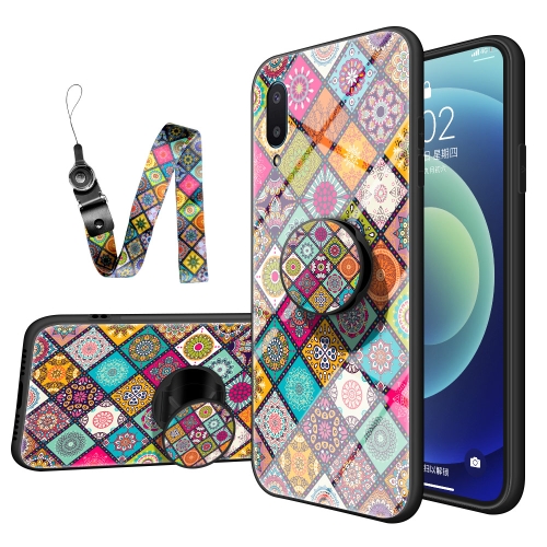 For Samsung Galaxy A02 Painted Ethnic Pattern Tempered Glass TPU Shockproof Case with Folding Magnetic Holder & Neck Strap(Checkered)