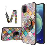For Samsung Galaxy A12 Painted Ethnic Pattern Tempered Glass TPU Shockproof Case with Folding Magnetic Holder & Neck Strap(Checkered)