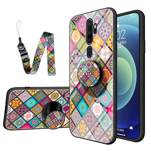 For OPPO A9 2020 / A5 2020 Painted Ethnic Pattern Tempered Glass TPU Shockproof Case with Folding Magnetic Holder & Neck Strap(Checkered)