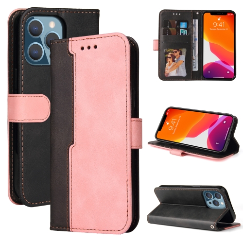 Business Stitching-Color Horizontal Flip PU Leather Case with Holder & Card Slots & Photo Frame For iPhone 13 Pro (Pink)