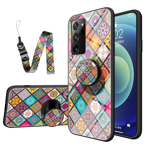 For Samsung Galaxy Note20 Ultra Painted Ethnic Pattern Tempered Glass TPU Shockproof Case with Folding Magnetic Holder & Neck Strap(Checkered)