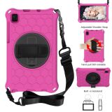 For Samsung Galaxy Tab A7 Lite 8.7 2021 T220 / T225 360 Degree Rotation Honeycomb Shockproof Silicone PC Protective Case with Holder & Shoulder Strap & Hand Strap(Rose Red Black)