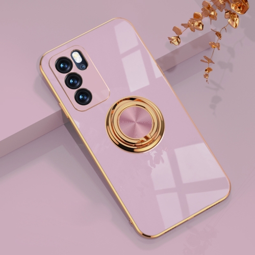 For OPPO Reno6 6D Electroplating Full Coverage Silicone Protective Case with Magnetic Ring Holder(Light Purple)