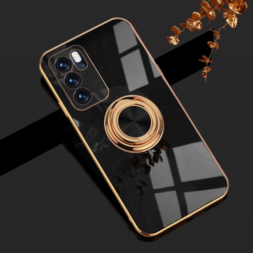 For OPPO Reno6 Pro 5G 6D Electroplating Full Coverage Silicone Protective Case with Magnetic Ring Holder(Black)