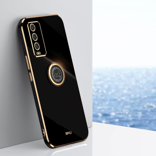 For Xiaomi Redmi Note 9 4G XINLI Straight 6D Plating Gold Edge TPU Shockproof Case with Ring Holder(Black)