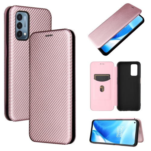 For OnePlus Nord N200 5G Carbon Fiber Texture Magnetic Horizontal Flip TPU + PC + PU Leather Case with Card Slot(Pink)