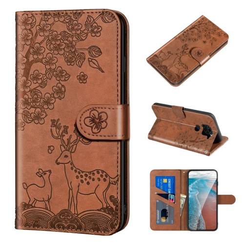 For Xiaomi Redmi Note 9 Sika Deer Embossing Pattern Horizontal Flip PU Leather Case with Holder & Card Slot & Wallet & Photo Frame(Brown)