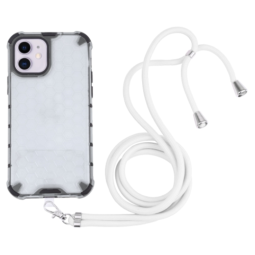 Shockproof Honeycomb PC + TPU Case with Neck Lanyard For iPhone 11(White)