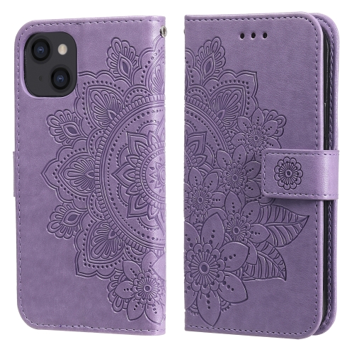 7-petal Flowers Embossing Pattern Horizontal Flip PU Leather Case with Holder & Card Slots & Wallet & Photo Frame For iPhone 13(Light Purple)