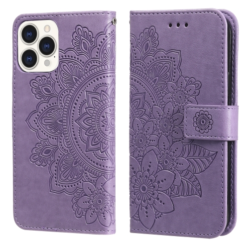 7-petal Flowers Embossing Pattern Horizontal Flip PU Leather Case with Holder & Card Slots & Wallet & Photo Frame For iPhone 13 Pro Max(Light Purple)