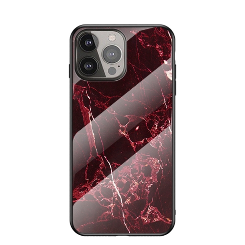 Marble Pattern Glass + TPU Protective Case For iPhone 13 Pro Max(Blood Red)