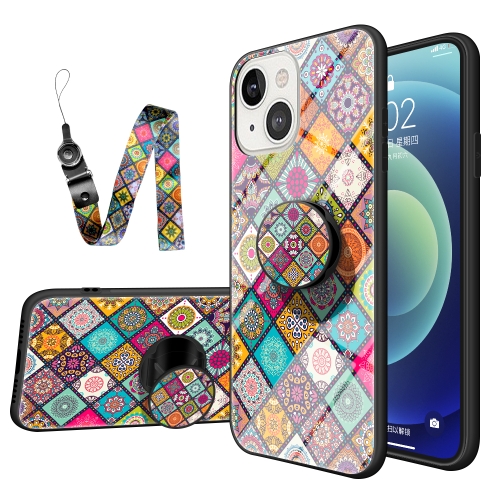 Painted Ethnic Pattern Tempered Glass + TPU Shockproof Case with Folding Magnetic Holder & Neck Strap For iPhone 13(Checkered)
