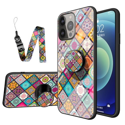 Painted Ethnic Pattern Tempered Glass + TPU Shockproof Case with Folding Magnetic Holder & Neck Strap For iPhone 13 Pro Max(Checkered)