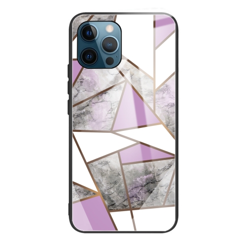 Abstract Marble Pattern Glass Protective Case For iPhone 13 Pro Max(Rhombus Gray Purple)