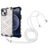 Shockproof Honeycomb PC + TPU Case with Neck Lanyard For iPhone 13 mini(White)