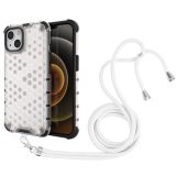 Shockproof Honeycomb PC + TPU Case with Neck Lanyard For iPhone 13(White)