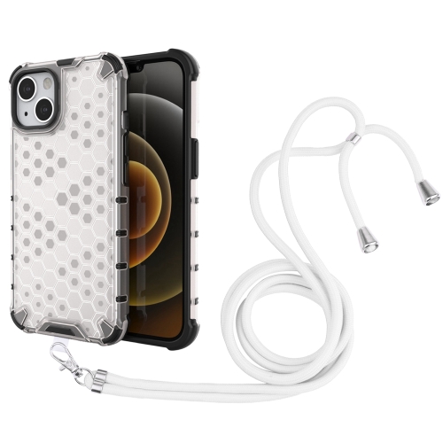 Shockproof Honeycomb PC + TPU Case with Neck Lanyard For iPhone 13(White)