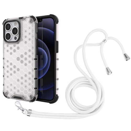 Shockproof Honeycomb PC + TPU Case with Neck Lanyard For iPhone 13 Pro(White)