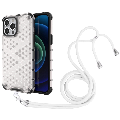 Shockproof Honeycomb PC + TPU Case with Neck Lanyard For iPhone 13 Pro Max(White)