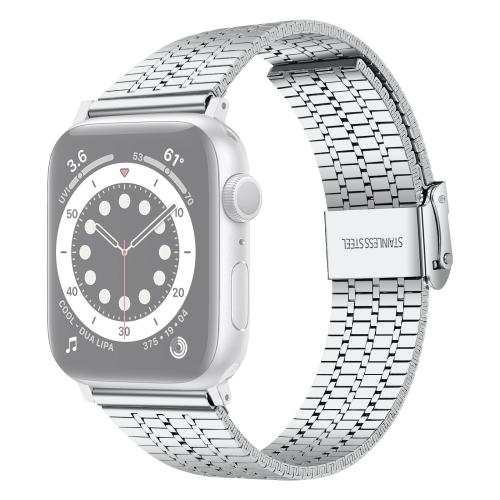 Seven-beads Double Safety Buckle Steel Replacement Strap Watchband For Apple Watch Series 6 & SE & 5 & 4 40mm / 3 & 2 & 1 38mm(Silver)