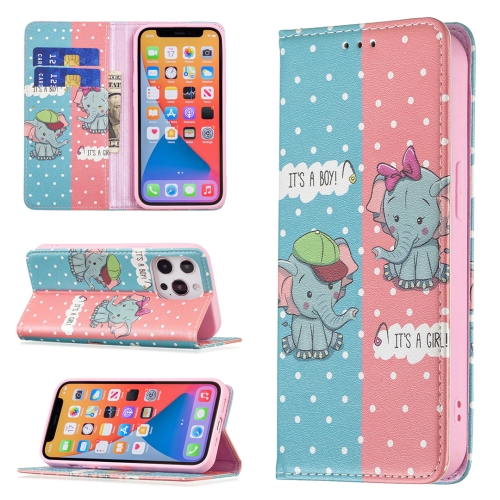 Colored Drawing Pattern Invisible Magnetic Horizontal Flip PU Leather Case with Holder & Card Slots & Wallet For iPhone 13(Elephant)