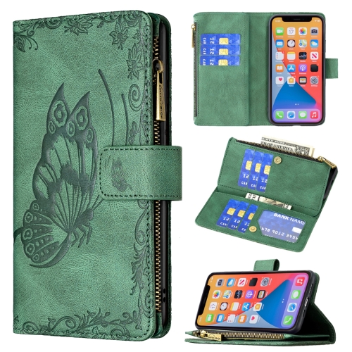 Flying Butterfly Embossing Pattern Zipper Horizontal Flip Leather Case with Holder & Card Slots & Wallet For iPhone 13 mini(Green)