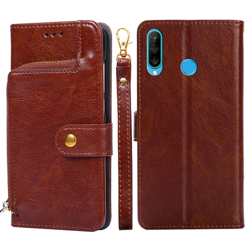 For Huawei P30 lite / nova 4e Zipper Bag PU + TPU Horizontal Flip Leather Case with Holder & Card Slot & Wallet & Lanyard(Brown)