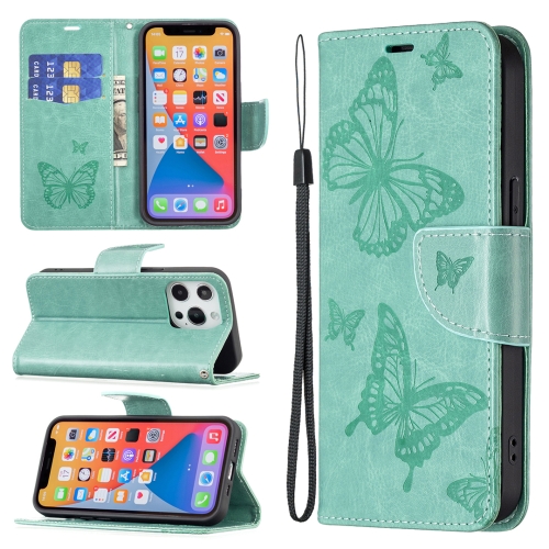 Embossing Two Butterflies Pattern Horizontal Flip PU Leather Case with Holder & Card Slot & Wallet & Lanyard For iPhone 13 mini(Green)