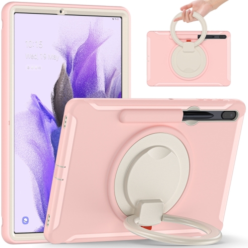 For Samsung Galaxy Tab S7+/S7 FE 12.4 inch T970 Shockproof TPU + PC Protective Case with 360 Degree Rotation Foldable Handle Grip Holder & Pen Slot(Cherry Blossoms Pink)