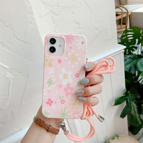 Flower Pattern TPU Shockproof Protective Case with Neck Lanyard For iPhone 12 mini(Pink)