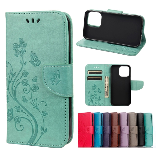 Butterfly Flower Pattern Horizontal Flip Leather Case with Holder & Card Slots & Wallet For iPhone 13 Pro Max(Green)