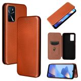 For OPPO A16 Carbon Fiber Texture Magnetic Horizontal Flip TPU + PC + PU Leather Case with Card Slot(Brown)
