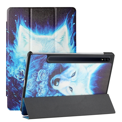 For Samsung Galaxy Tab S7+ T970/T975 Silk Texture Colored Drawing Pattern Horizontal Flip Magnetic PU Leather Case with Three-folding Holder & Sleep / Wake-up Function(Rose the Wolf)