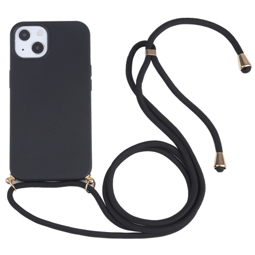Wheat Straw Material + TPU Shockproof Case with Neck Lanyard For iPhone 13 mini(Black)