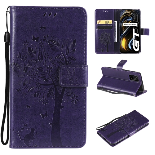Tree & Cat Pattern Pressed Printing Horizontal Flip PU Leather Case with Holder & Card Slots & Wallet & Lanyard For OPPO Realme GT 5G(Purple)