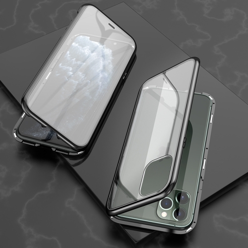 For iPhone 11 Pro Ultra Slim Double Sides Magnetic Adsorption Angular Frame Tempered Glass Magnet Flip Case(Black)