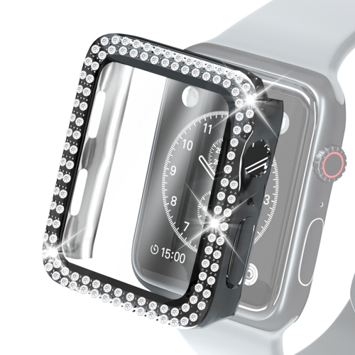 Electroplating PC Double Rows Diamond Protective Case with Tempered Glass Film For Apple Watch Series 3 & 2 & 1 38mm(Black)