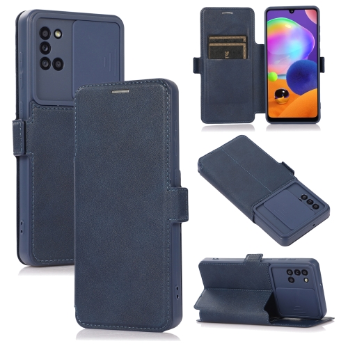 Push Window Double Buckle PU + Silicone Horizontal Flip Leather Case with Holder & Card Slot For Samsung Galaxy A31(Blue)