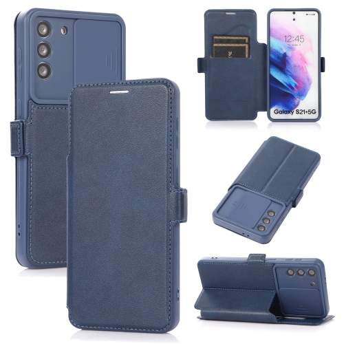 Push Window Double Buckle PU + Silicone Horizontal Flip Leather Case with Holder & Card Slot For Samsung Galaxy S21 5G(Blue)