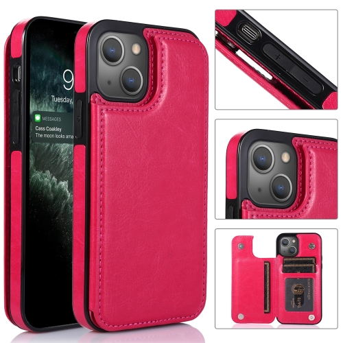 Double Buckle Shockproof PU Protective Case with Card Slots & Holder For iPhone 13 Pro(Rose Red)