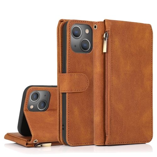 Skin-feel Crazy Horse Texture Zipper Wallet Bag Horizontal Flip Leather Case with Holder & Card Slots & Wallet & Lanyard For iPhone 13 Pro(Brown)