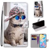 Coloured Drawing Cross Texture Horizontal Flip PU Leather Case with Holder & Card Slots & Wallet & Lanyard For iPhone 13(Slant Hat Blue Mirror Cat)