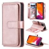 Multifunctional Magnetic Copper Buckle Horizontal Flip Solid Color Leather Case with 10 Card Slots & Wallet & Holder & Photo Frame For iPhone 13(Rose Gold)